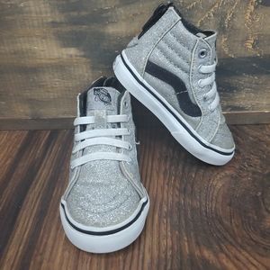 Vans SK8-Hi Top Zip Glitter Silver Sneakers Toddler Kids Girls Sz 5